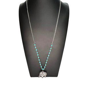 Silver Turquoise Beaded Elephant Trunk Up Good Luck Necklace Costume Jewelry 28-